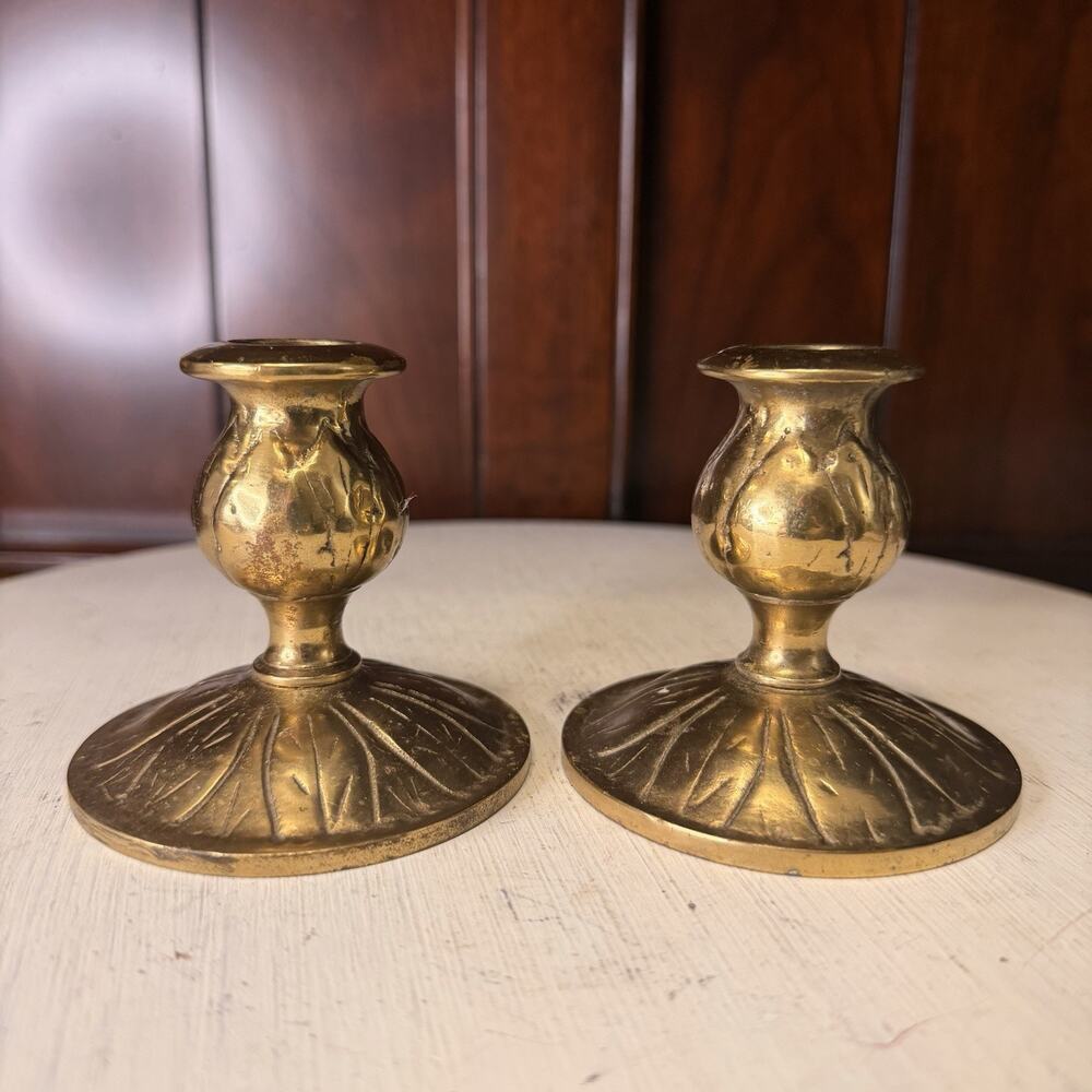 Vtg 3” Brass Candlestick Pair Lotus Flower Petal Pattern HEAVY Solid Set Of 2